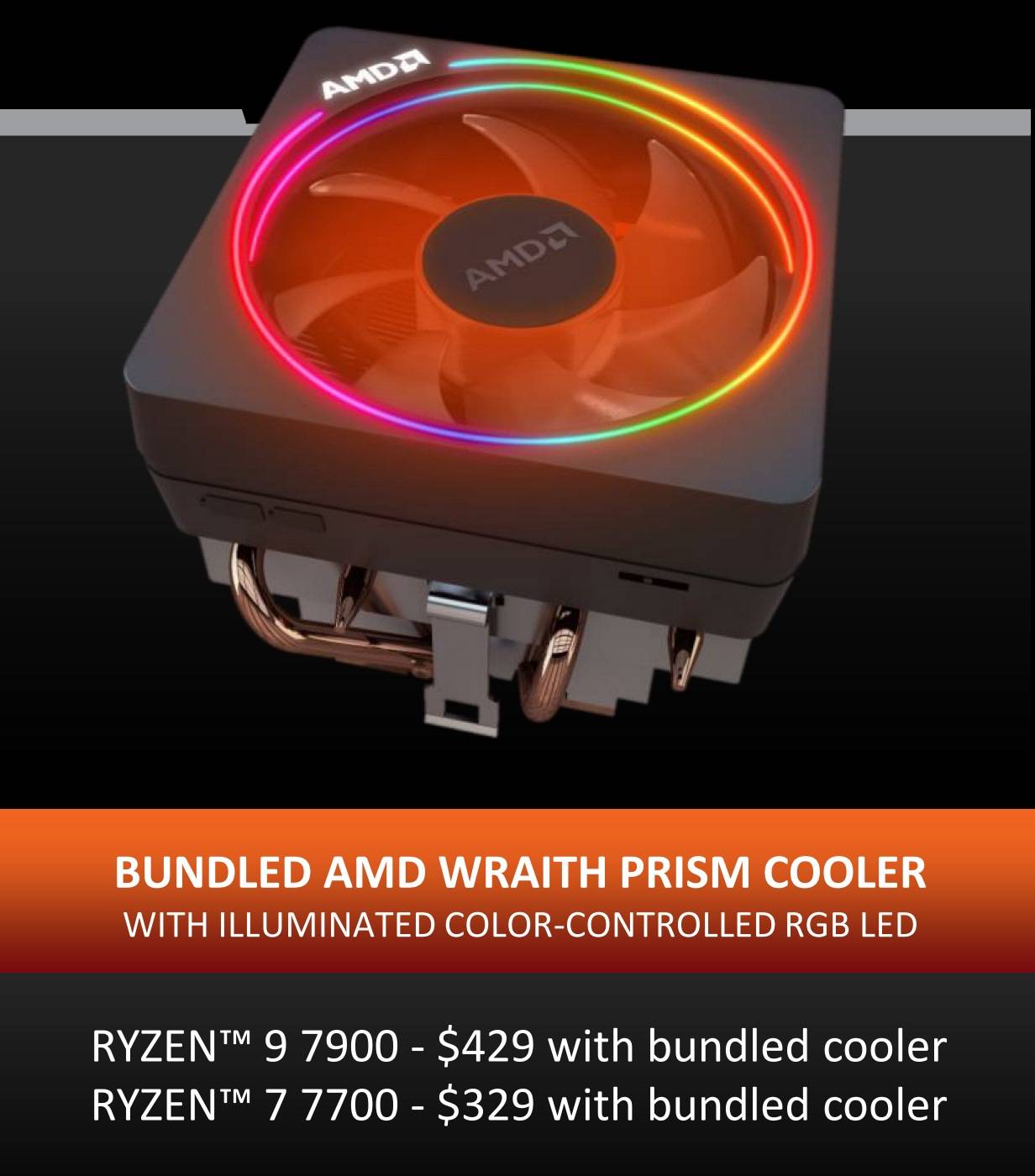 Ryzen 7 7700与Ryzen 9 7900盒装版产品会附上具有RGB灯光功能的Wraith Prism散热器。