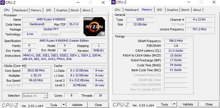 透过CPU Z检视，AMD Ryzen 9 6900HS为6纳米，TDP 35W，具备8核心16线程，存储器为32GBDDR5。