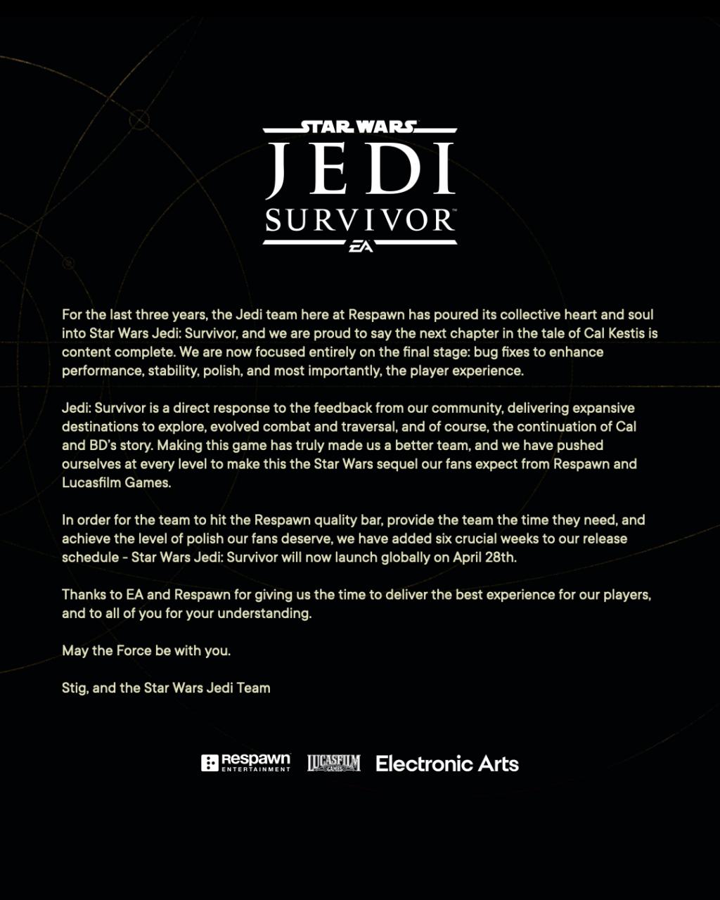 没事，一个月而已！《Star Wars Jedi: Survivor》宣布为提升游戏质量，将延期至 4 月 28 日发售！