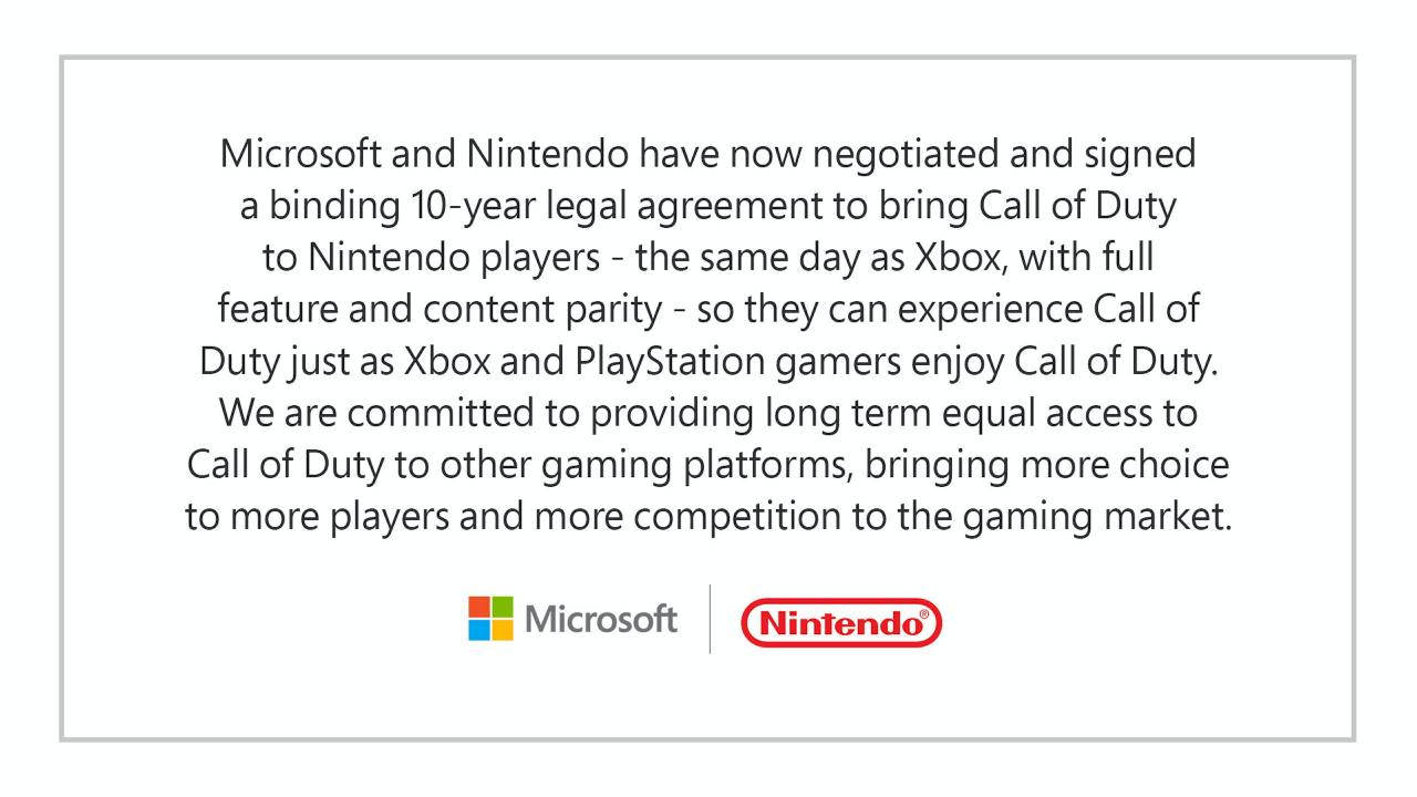 微软总裁宣布与任天堂签署10年合约确保Xbox发行的游戏将登上任天堂游戏机，包括Call of Duty系列
