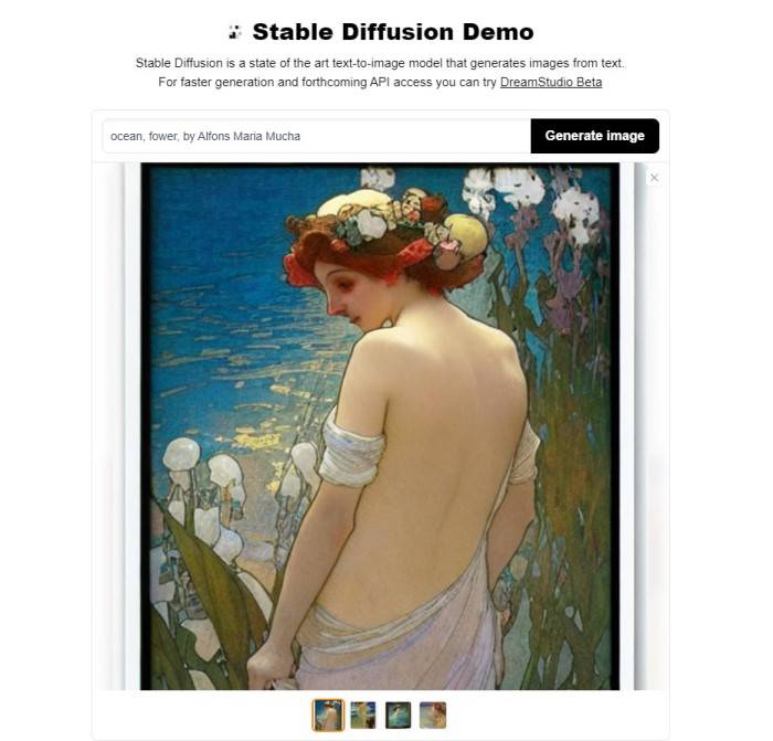 在 Stable Diffusion Demo 輸入「ocean, fower, by Alfons Maria Mucha」的結果。