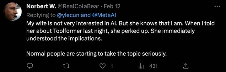 还有网友表示：我老婆原本不太关心AI，听说Meta这论文都惊了。 普通人真的得好好想想这事儿了。