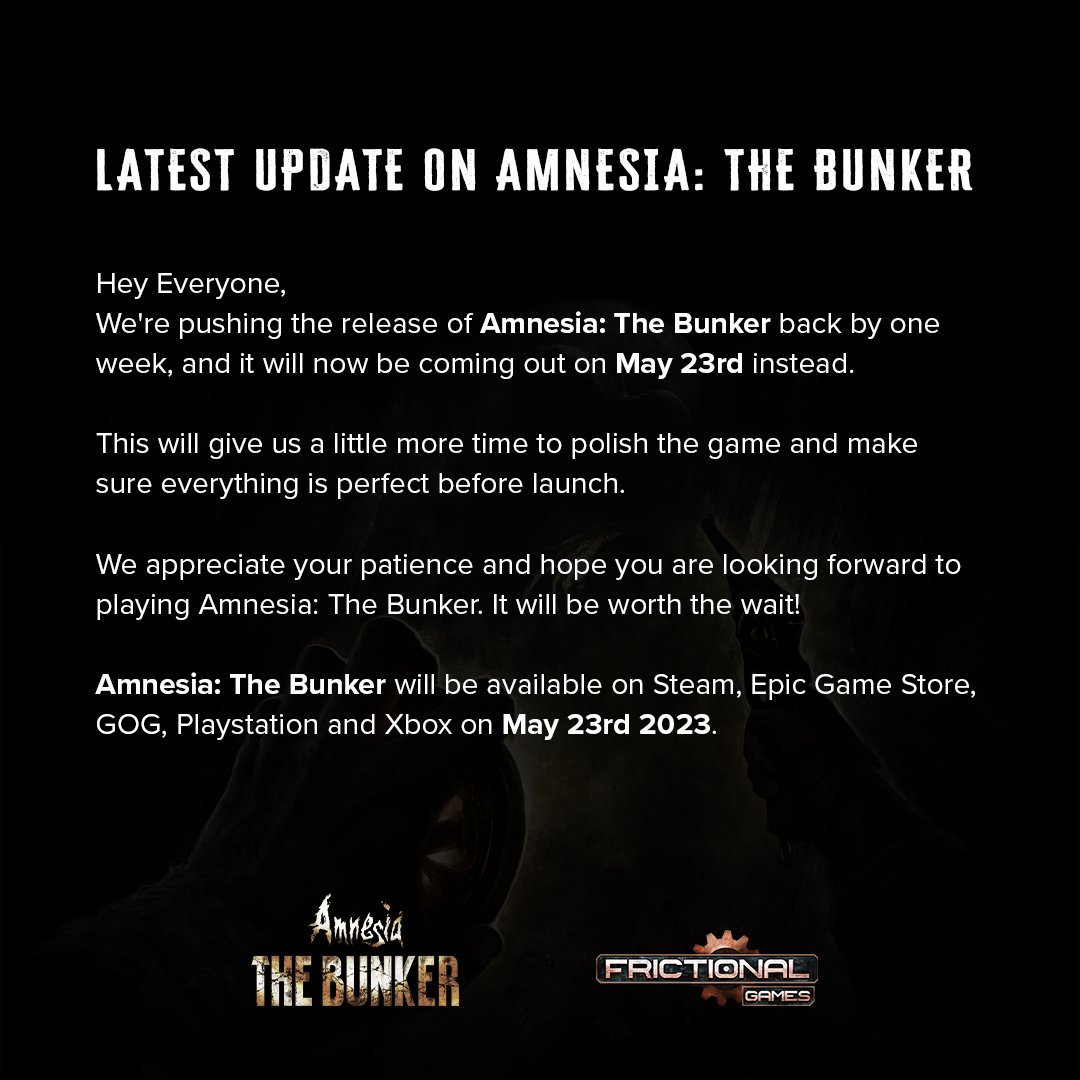 再次延期！《Amnesia: The Bunker》宣布将延期一个星期至 2023 年 5 月 23 日推出！