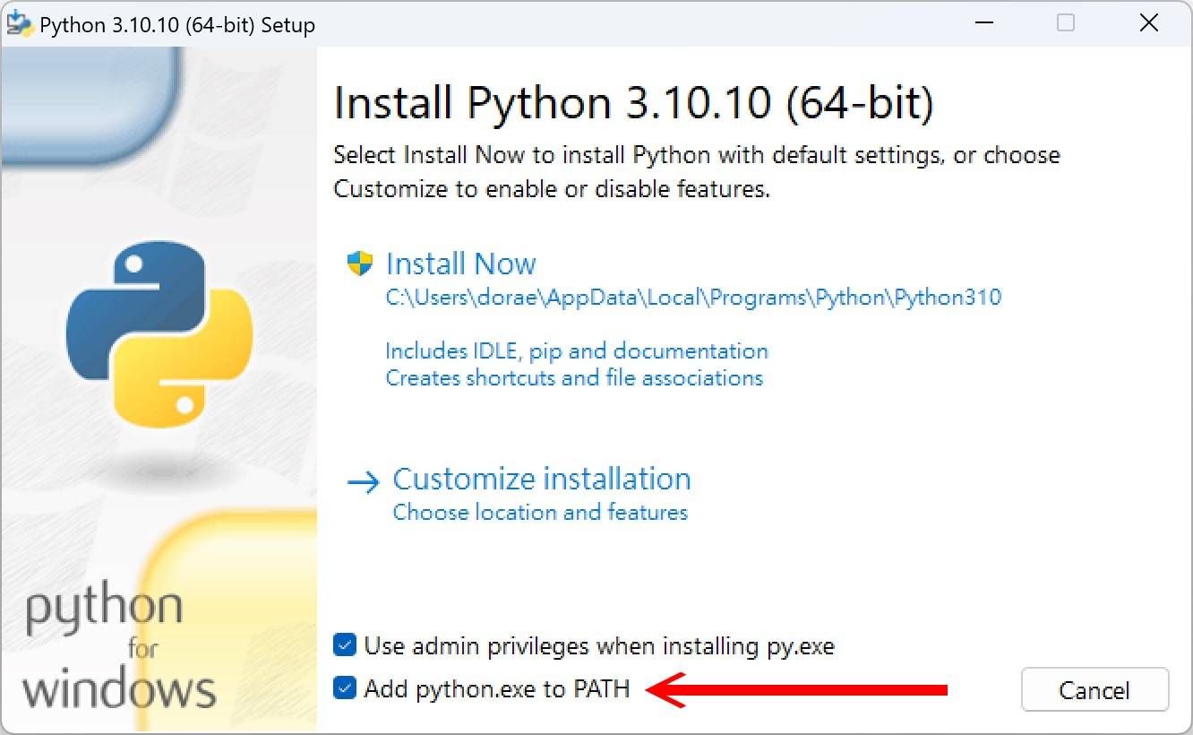 安装过程需勾选「Add Python.exe to PATH」，其余设置可以保留预设值。