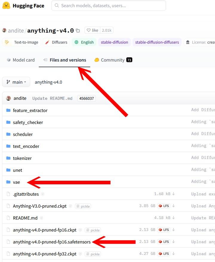 点击进入Files and versions页面，可以找到该模型的档案与对应的VAE。 由于每个模型提供的档案状况都不一样，所以读者需要自行透过文件名判断。
