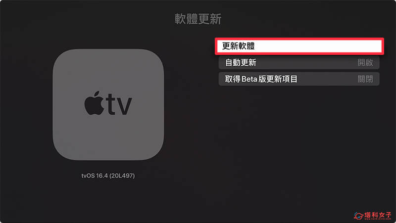 更新 Apple TV 软件：更新软件