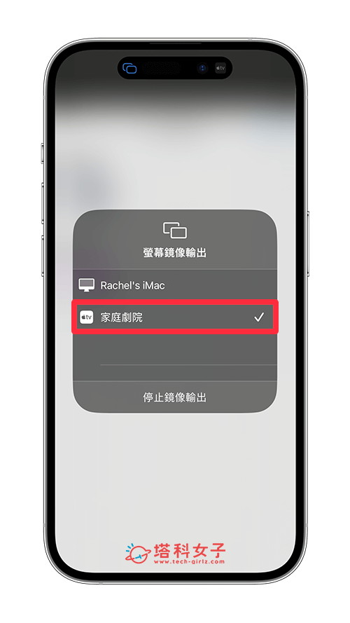 iPhone 镜像输出到Apple TV：选择apple tv