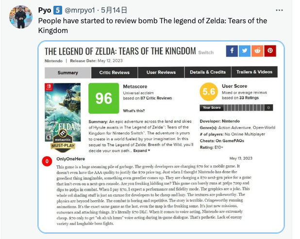 《萨尔达传说：王国之泪》Metacritic玩家差评跌至5.6分