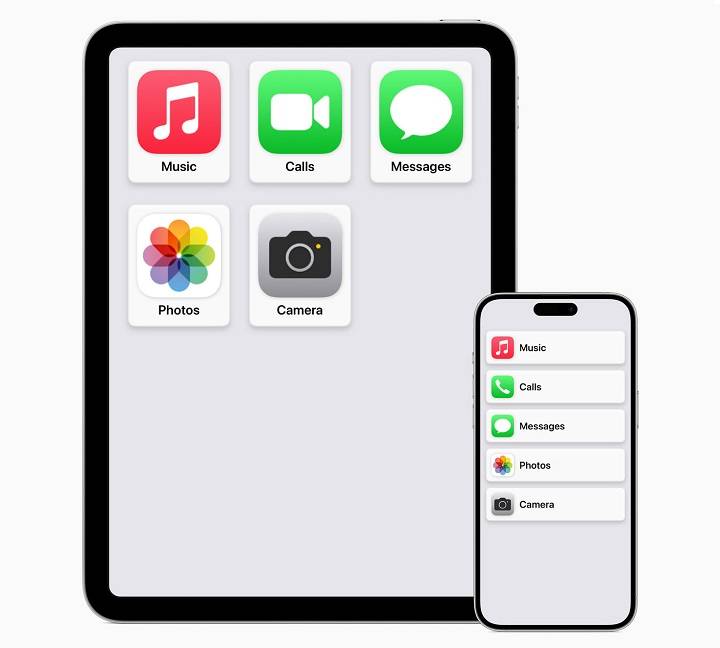 「Assistive Access」精简 iPhone 及 iPad 上的界面，可选择大图标显示，又或是条列显示。