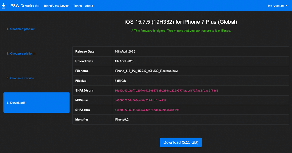 使用 iTunes 下载 IPSW 文件进行 iPhone 强制降级