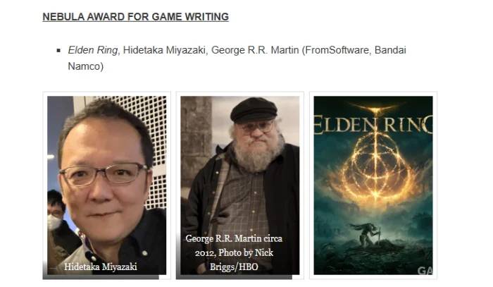 宫崎英高&乔治·R·R·马丁凭借《艾尔登法环》获得星云奖“最佳游戏写作奖”