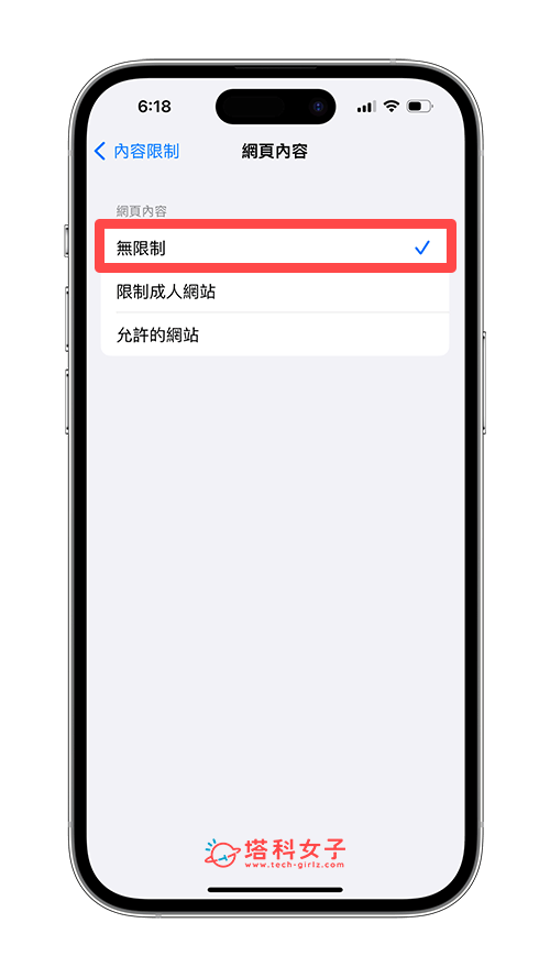 在 iPhone 屏幕使用时间关闭「网页内容限制」：无限制