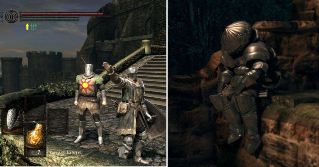 太阳骑士（图左身上有太阳图案者）与洋葱骑士可以说是游戏中个性相当鲜明的NPC 图...