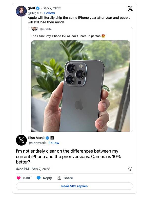 马斯克：新 iPhone 分别不大 相机有 10% 提升吗？
