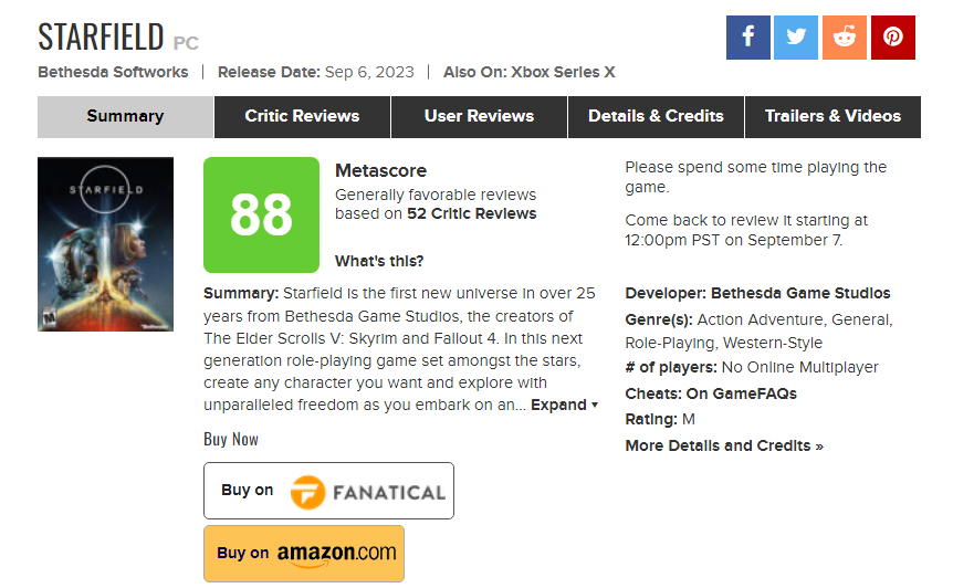 《星空》Metacritic 玩家评分，要等到9月7日才会正式开放