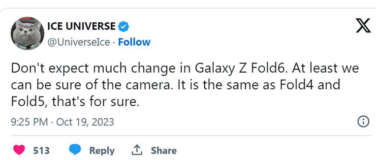爆料者 Ice Universe 贴文爆料，Z Fold 6 可能会采用自 Z Fold 4 以来的主相机三镜头组合