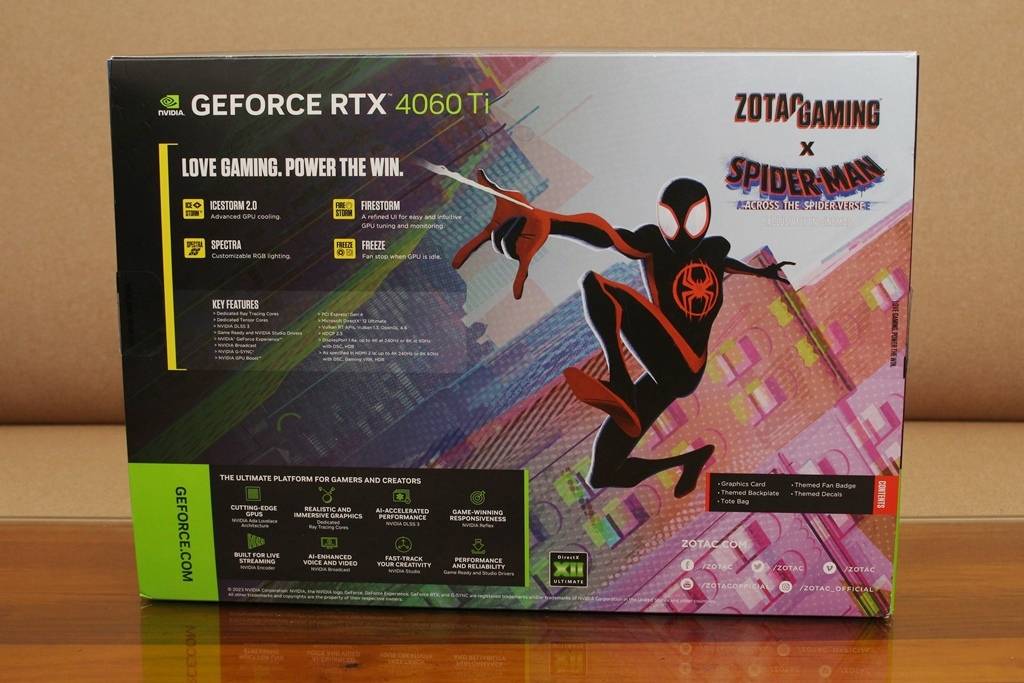 索泰ZOTAC GAMING GeForce RTX 4060 Ti 8GB Twin Edge OC蜘蛛人：穿越新宇宙 联名显示卡-扛起2K分辨率