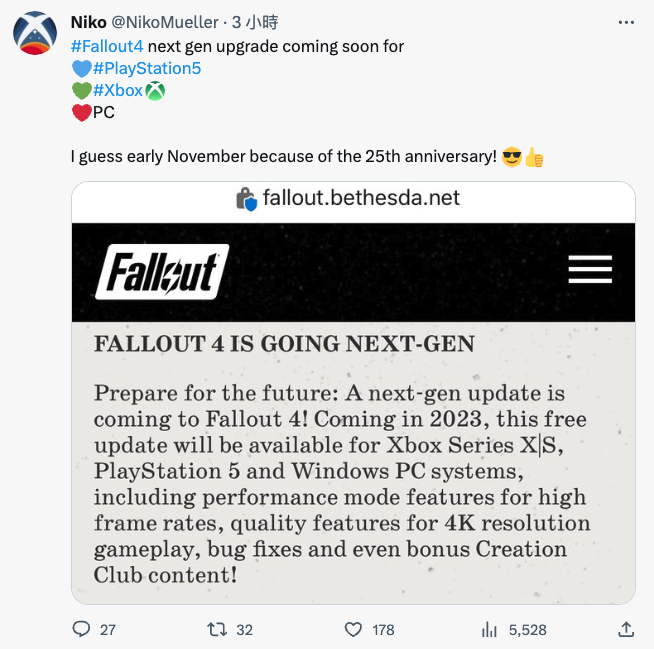 曝《Fallout 4》次世代升级版或于11月发布