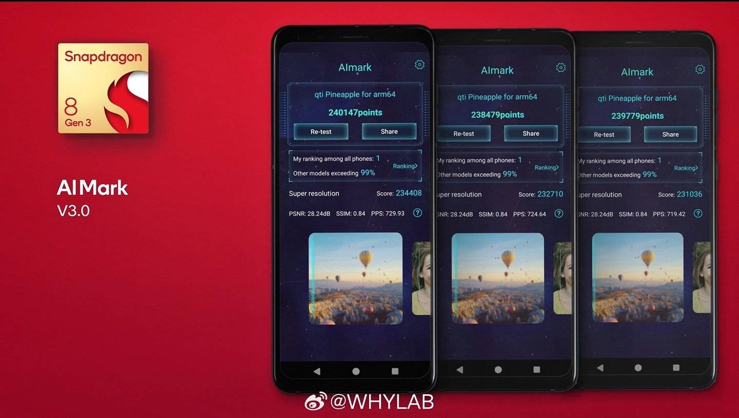 Snapdragon 8 Gen3 官方跑分公开，安兔兔 210万分，Geekbench 6 超 7400