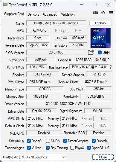 ASRock Arc A770 Phantom Gaming D 16GB OC 显示卡开箱测试