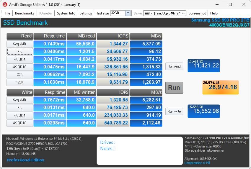 Samsung 990 PRO M.2 NVMe 2280 4TB SSD 效能简测