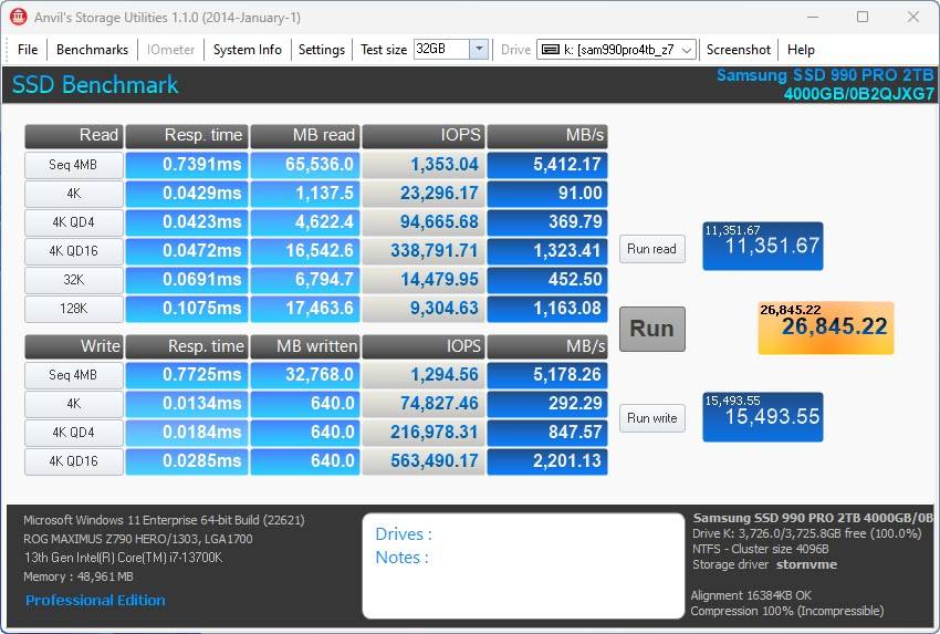 Samsung 990 PRO M.2 NVMe 2280 4TB SSD 效能简测