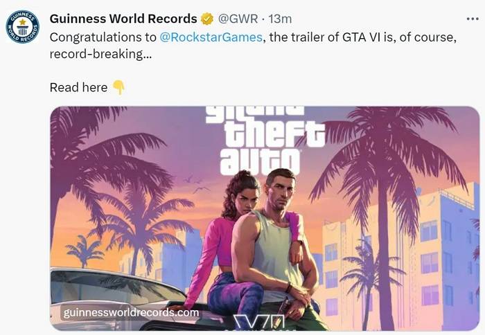 《GTA 6》侠盗猎车手王者归来，预告24小时内观看次数突破9000万次、打破三项金氏记录