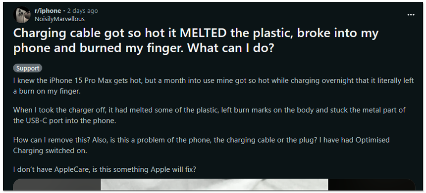 这就是为什么你应该使用通过认证的充电线，国外网友分享iPhone 15 Pro Max烧毁USB-C线的惨痛照片-