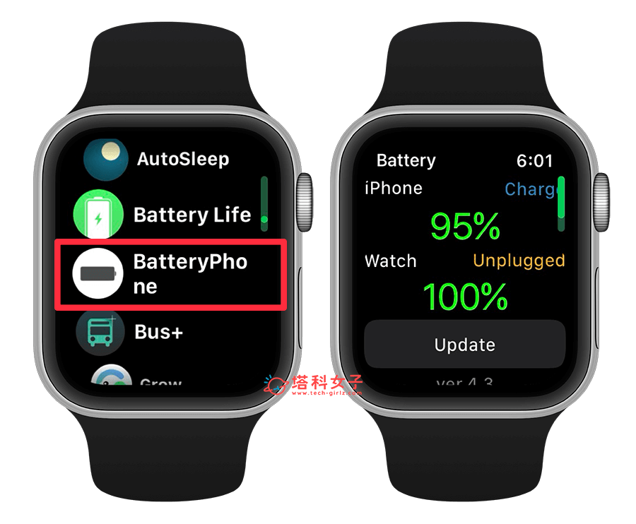 Apple Watch 查看 iPhone 手机电量： 打开 BatteryPhone 查看