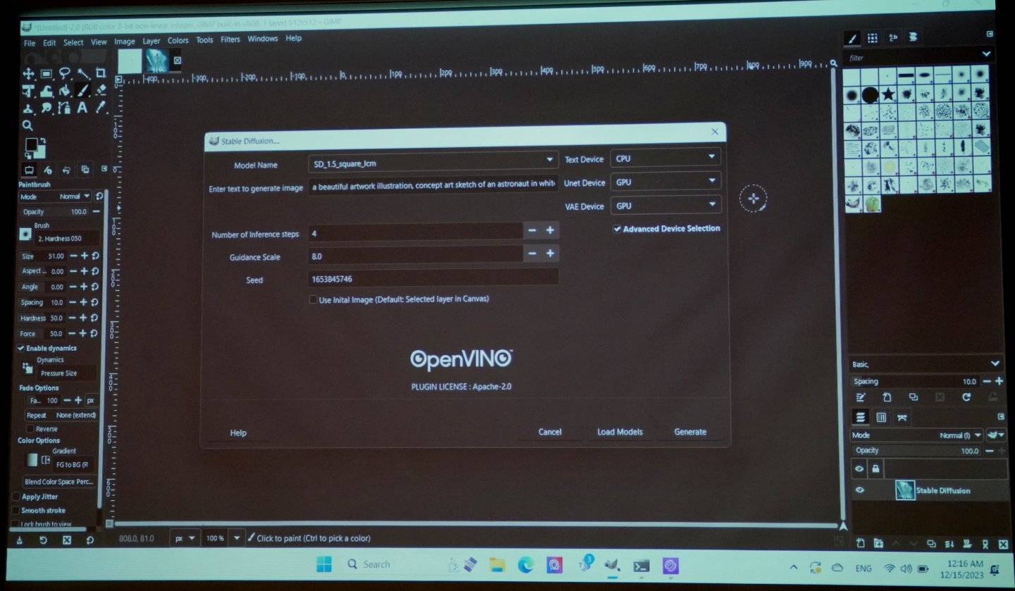 在现场实机展示中，通过GIMP绘图软件的Stable Diffusion插件让CPU、GPU协同进行AI图像生成的运算工作。