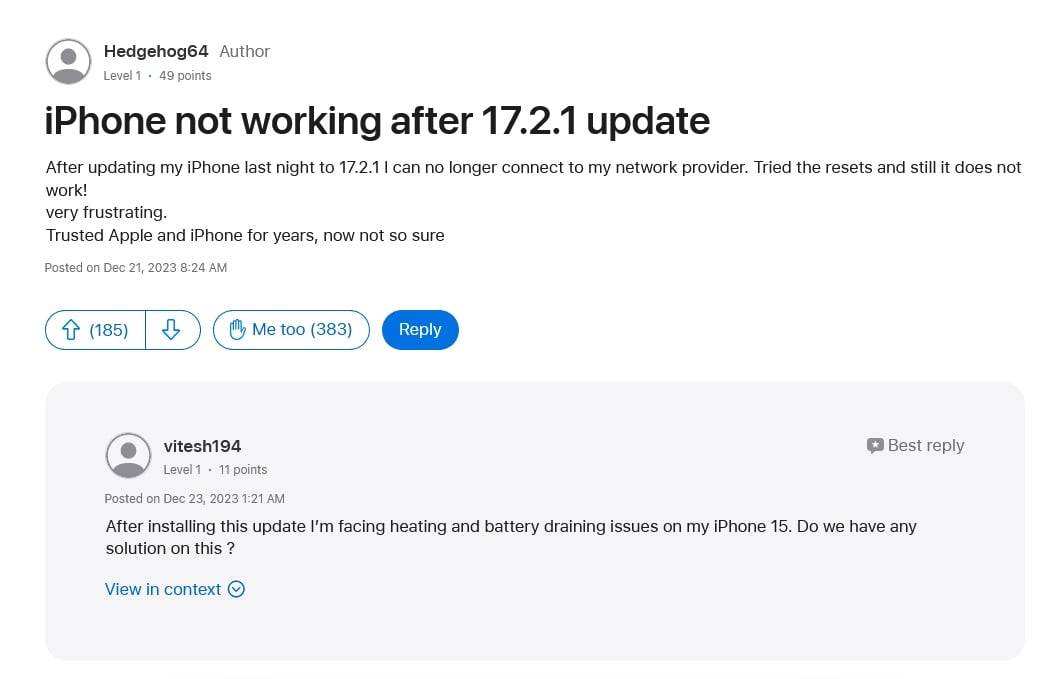 部分用户升级iOS 17.2.1后出现bug，无法连接蜂窝网络，打唔到电话