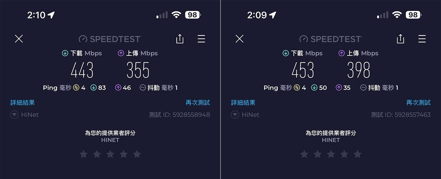 通过 SpeedTest 来实测网速表现，图左为测速点 E，测得下载 443 MB/s、上传 355 MB/s 的成绩; 图右为测速点 F，测得下载 453 MB/s、上传 398 MB/s 的成绩。