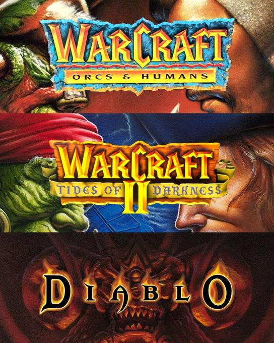 Graphic showing the box art for three titles. From the top Warcraft: Orcs & Humans showing an orc on the left facing a human on the right. Middle title is Warcraft II: Tides of Darkness showing an orc and human facing off in the same position. Lastly, on the bottom, Diablo box art showing a demon on the cover behind the logo.