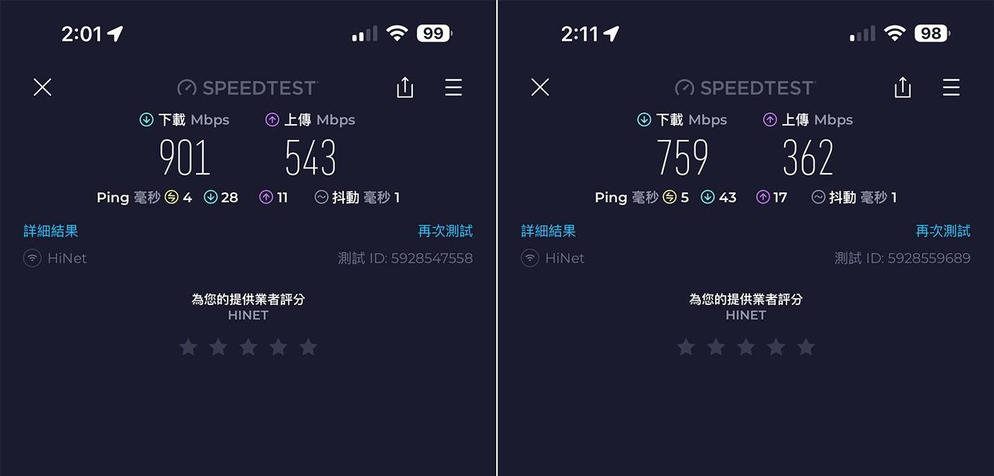 通过 SpeedTest 来实测网速表现，图左为测速点 A，测得下载 901 MB/s、上传 543 MB/s 的成绩; 图右为测速点 B，测得下载 759 MB/s、上传 362 MB/s 的成绩。