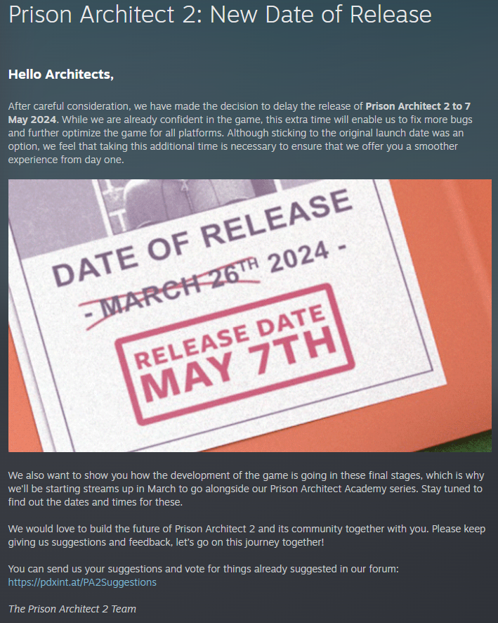 监狱管理模拟游戏《监狱建筑师2》宣布将延期至 2024 年 5 月 7 日发售！