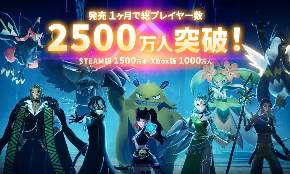 《幻兽帕鲁》宣布玩家数一个月突破2500万人，其中 Steam 平台销量便超过 1,500 万套！