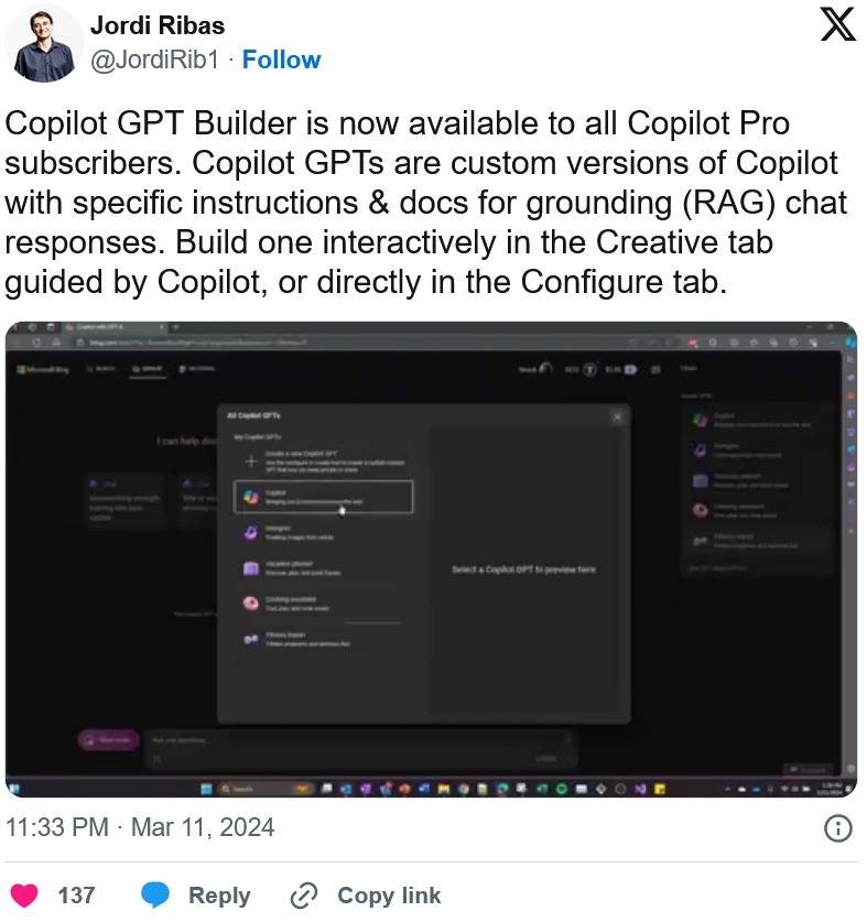 微软为Copilot Pro用户推出Copilot GPT Builder，生成的GPT免费版也能用