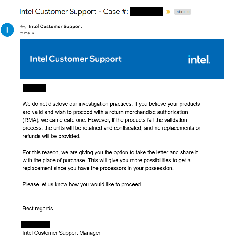 国外用户抱怨Intel RMA流程非常糟糕，还称他的i9-14900K是假货 -