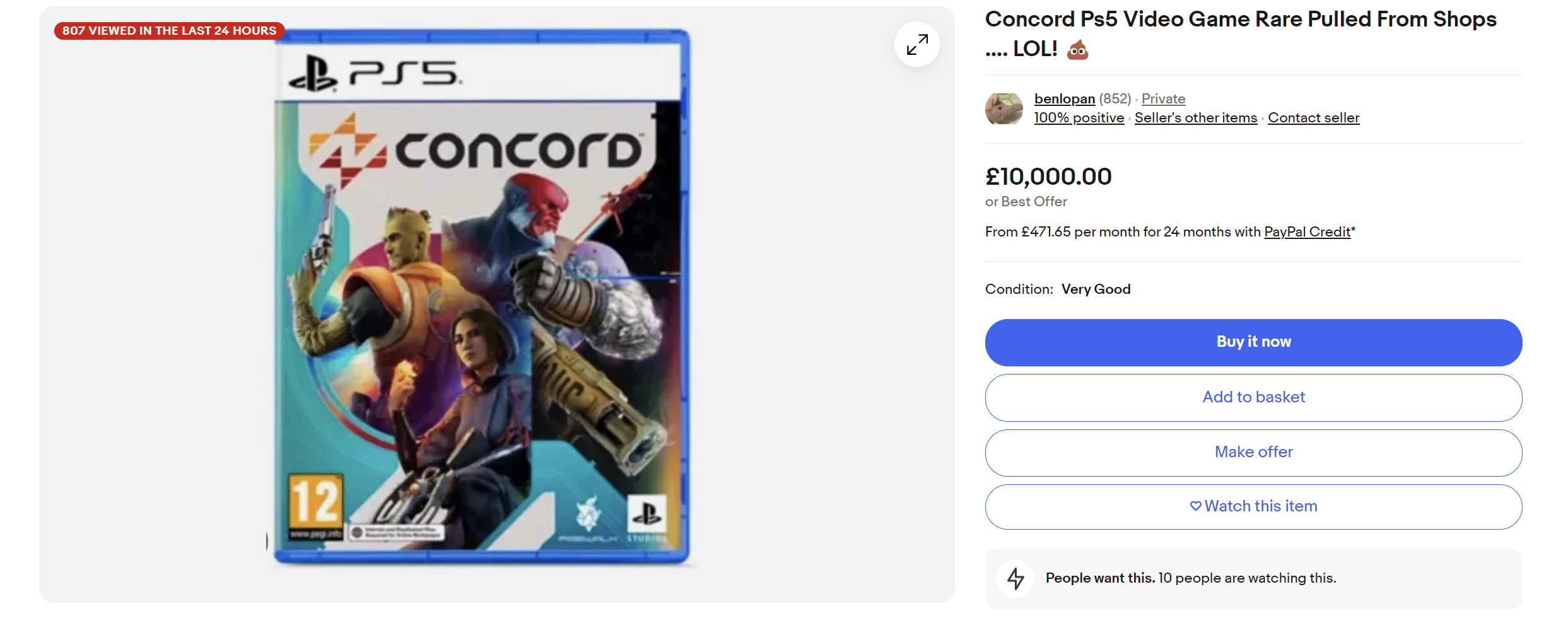 《Concord》停服后实体版价格飙升，二手实体版售价飙至一万英镑！